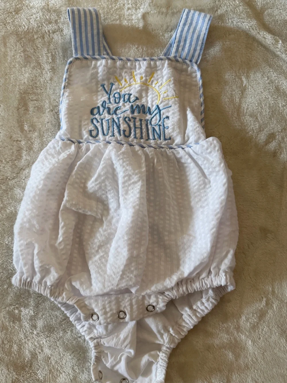 White Seersucker Baby Bib Romper with Blue Embroidered Sunshine